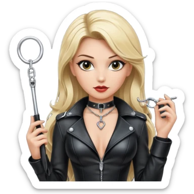 Dominatrix with blonde hair, leather outfit, long key necklace, and a whip sticker