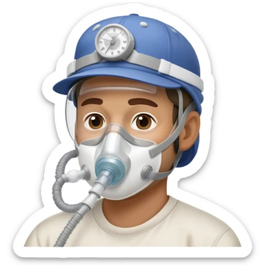 cpap face mask on guy wearing "backwards baseball" hat sticker