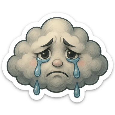 crying cloud with subtle sad expression, tears, emotional, detailed, cartoonish face, GPT Image style sticker