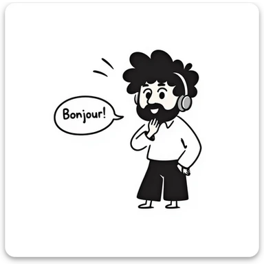 Anime-style character saying "Bonjour!", with black hair, brown eyes, black beard, wearing gaming headphones, Japanese animation style sticker
