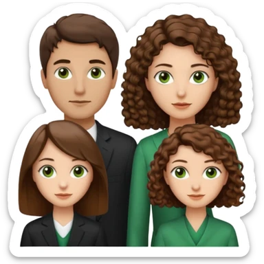 Man in the middle with brown straight hair and green eyes, women next to him with short brown hair with slight waves, tall women on right side with shoulder length curly hair and brown eyes sticker