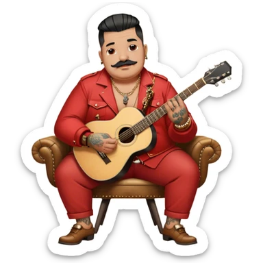 Icon for Chanson: Old fat chanson singer with tattoos and short moustache, red jacket, gold chains and braslettes, sitting on a chair with an acoustic guitar and standing microphone. No earrings. The atmosphere should reflect a nostalgic, soulful vibe with vintage elements. Transparent background. sticker