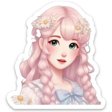 Gorgeous pastel anime style lady with blushing face and daisies cottagecore fairycore pastelcore colorful pearly romantic simplistic aesthetic trending style sticker
