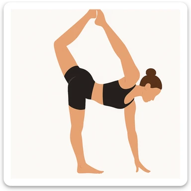 Minimalist flat vector illustration of a woman doing yoga in forward fold pose (Standing Bow Pulling), wearing sportswear (black top and black shorts), brown hair in a bun, clean white background, no face details, elegant style sticker