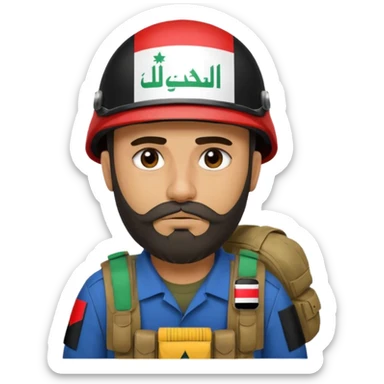 A very tired and sad, swarthy Iraqi soldier with a beard, an Iraqi flag on his helmet, a sad expression and bags under his eyes sticker