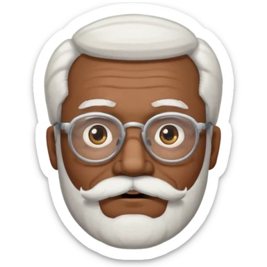 An elderly man emoji with medium-dark skin tone, white hair on the sides, glasses, thick eyebrows, and a white mustache and beard. sticker
