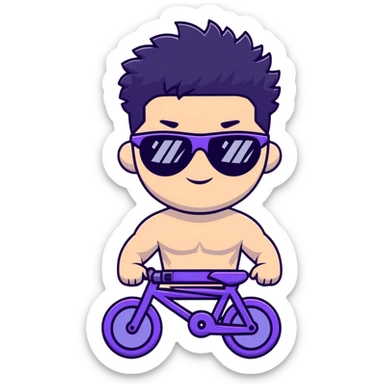shirtless male athlete with white skin and moderately curly black hair on top with shaved sides, wearing purple bike sunglasses with black tinted lenses sticker