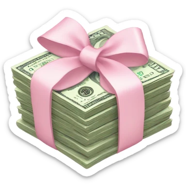 a stack of money with a light pink bow wrapped around it  sticker