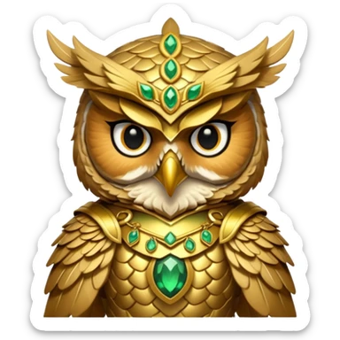 owl warrior wearing golden armor embedded with emerald jewels sticker