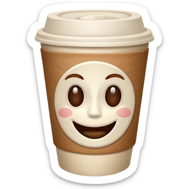 one all white coffee take away cup with coffee, no lid,  and a small brown smiling mouth in the middle front. No eyes, no cheeks, no nose, only a small smiling mouth sticker