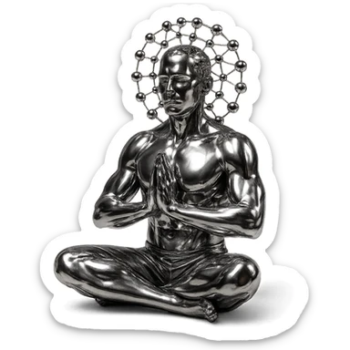 metallic chrome figure of a man meditating, serene, with several chrome balls forming a net above his head sticker