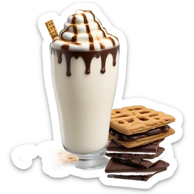 andes mint chocolate chip milkshake topped with a toasted marshmallow, chocolate covered pretzel, chocolate s’more, and a s’mores cookie sticker