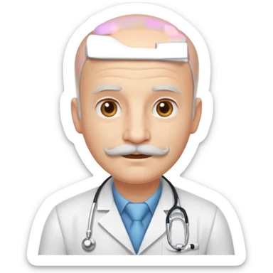 doctor emoji, friendly, white mustache, advanced baldness, kind expression sticker