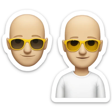 bald white man wearing yellow sunglasses and a sweatshirt sticker