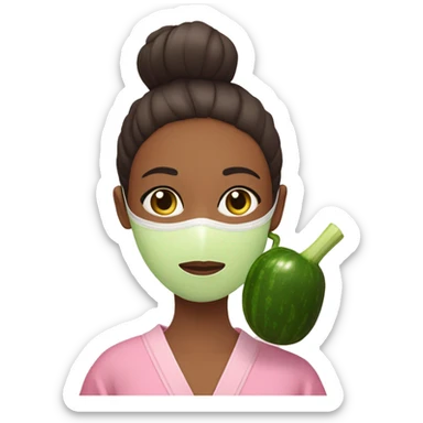 Girl with a bun and a pink robe with a green skincare mask on and one cucumber slice on each eye sticker