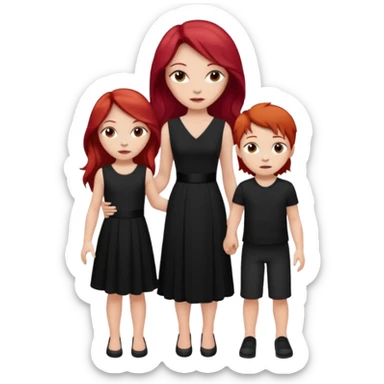 White woman in black dress with long red hair and makeup with two kids in beige clothes  sticker