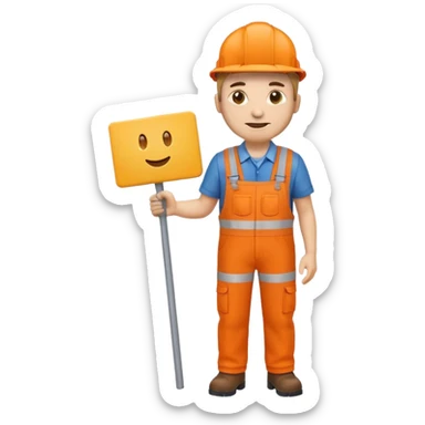 emoji style railway engineer full body in orange overalls, holding a sign in front of him sticker