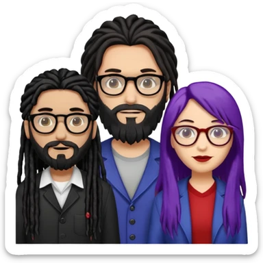 Three people standing together: on the left, a man with long hair, glasses, and a beard; on the right, a man with black dreadlocks with a red accent; in the center, a woman wearing glasses with violet-and-black hair sticker