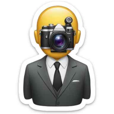 Man in a suit with film camera for a head sticker