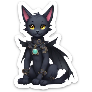 cool edgy beautiful pretty anthro godly colorful ethereal black fantasy elegant nargacuga-bat-cat-Fakemon wearing a collar, techwear punk style, full body sticker