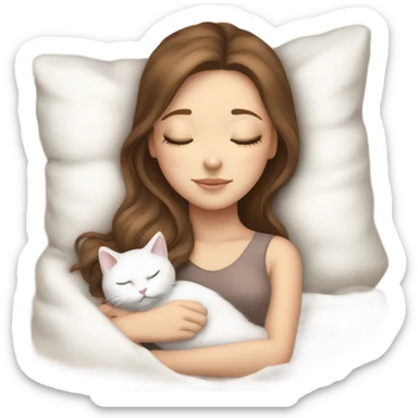 White girl brown hair sleeping with white kitty sticker