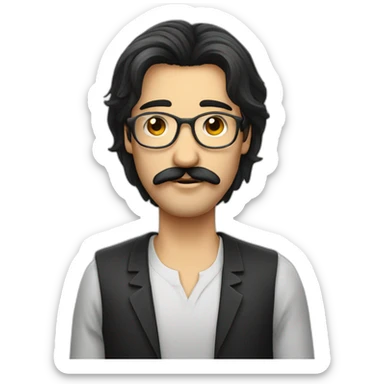 very long dark straight hair men with mustache and round glass sticker