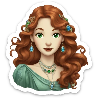 Art Nouveau lady with long swirling redbrown hair, bluegreen eyes, jewels sticker