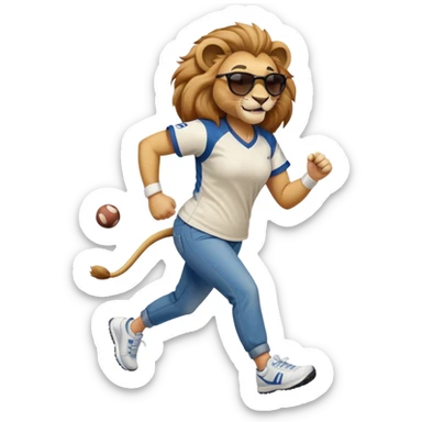 confident anthropomorphised female lion wearing a baseball shirt, jeans, trainers, dark sunglasses, jogging with a smile sticker