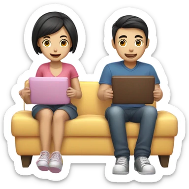 Cute Asian Couple sitting together and having fun playing video games sticker