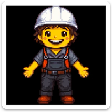 make the construction worker look happy, with a big smile, bright eyes, and cheerful posture in pixel-art style sticker