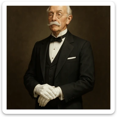a sophisticated butler, monocle, tuxedo, white gloves, standing with perfect posture, elegant and formal, classic butler style sticker