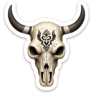 A bull skull with black tribal markings painted on it  sticker