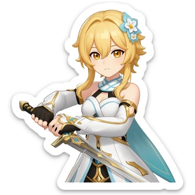 Lumine (from Genshin Impact) White and golden clothes, blonde, long-haired, with flower hair clip, and wielding a sword (full body) sticker