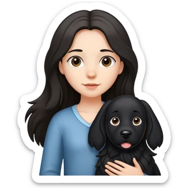 A long-haired girl is holding a big black dog with standing ears sticker
