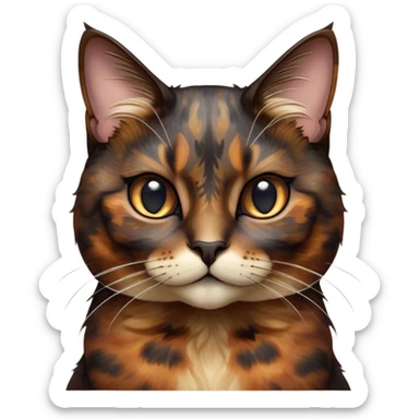 Cinematic Noble Tortoiseshell Cat Portrait Emoji, Poised and dignified, showcasing a luxurious, mottled fur of rich browns and blacks, with elegantly arched whiskers and a determined yet gentle expression, simplified yet meticulously detailed, glowing with a subtle, regal radiance, high shine, embodying quiet nobility and refined charm, soft glowing outline, capturing the essence of a sophisticated tortoiseshell cat exuding quiet authority! sticker
