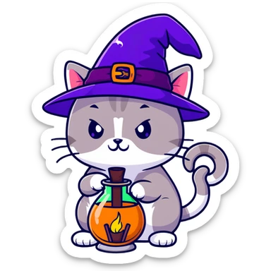 mystical cat with magic potion and witch hat sticker