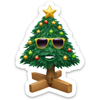 A Christmas tree with sunglasses sticker