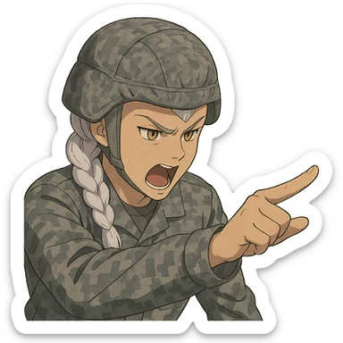 Style of Anime, 1 female, gold yellow eyes, white hair lavender tips, locks in front, mohawk, long white braid, she is a drill sergeant at work, focused facial expression, shouting command, eyes looking down in front of her, pointing a blade hand gesture to the forward direction, uniform of gray large scale digital camo. her head is covered with a PAGS style wrapped ballistic helmet sticker