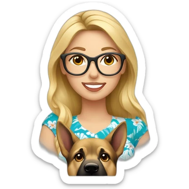 blonde caucasian woman wearing glasses in hawaiian shirt with german shepherd sticker
