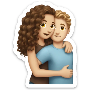 white girl with brown long curly hair and white boy with brown short curly hair hugging sticker