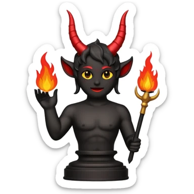 Minimalist emoji-style sticker of an Oscar-like statue with horns and fire at the base, thick black and red colors, silhouette style sticker