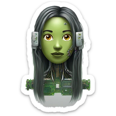 Olive green long hair female cyborg head with circuits sticker