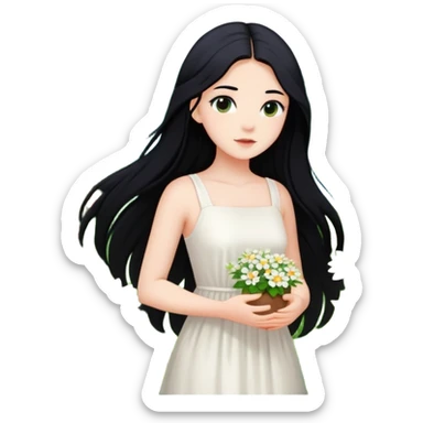 crea un chica blanca con cabello negro largo bonita vestida de blanco conectando con la naturaleza rodeada de flores  sticker