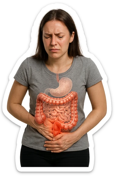 DONNA CON INTESTINO UMANO ANATOMICO IN EVIDENZA E MAL DI PANCIA, iperrealistico 4k, SFONDO BIANCO sticker