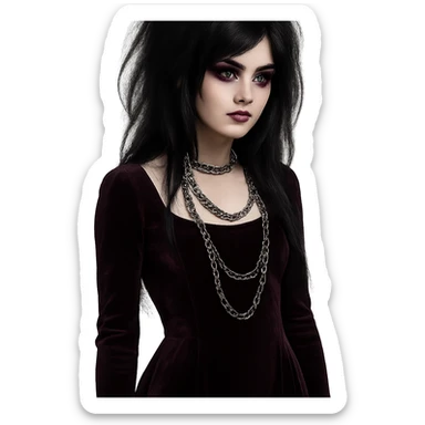 emo girl with velvet dress, silver chains, purple eyeshadow, mysterious and elegant sticker