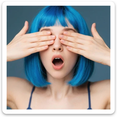 Woman with blue hair with hands over her eyes in disbelief  sticker