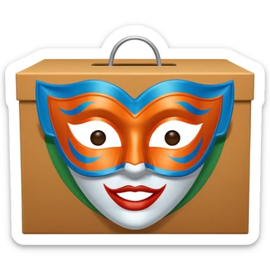 a box and a carnival mask in orange, blue and green on top of it , trying to make a carnival pack sticker