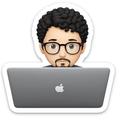 A young boy DEVELOPER WITH A laptop, black curly short hair, wearing glasses, a thin goatee, his skin is white sticker