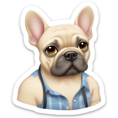 Frenchie breeder with blue eyes and light skin he’s from Cuba and a blonde haired fat frenchie and a fluffy dark grayish one and his shirt needs to say “Lazy Bulls” sticker