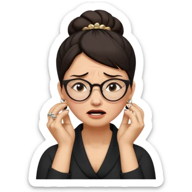  middle aged woman with dark hair pulled up in a high bun, wearing round ring earrings and glasses with a very painful expression on her face, eyes squeeed shut, wincing in pain,covering her ears with her hands, trying to not hear a terrible singer who is too loud and out of tune.  sticker